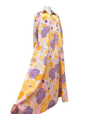 Vintage 70s Miss Elaine Floral Zip Front House Dress Hostess Gown A-Line M L -